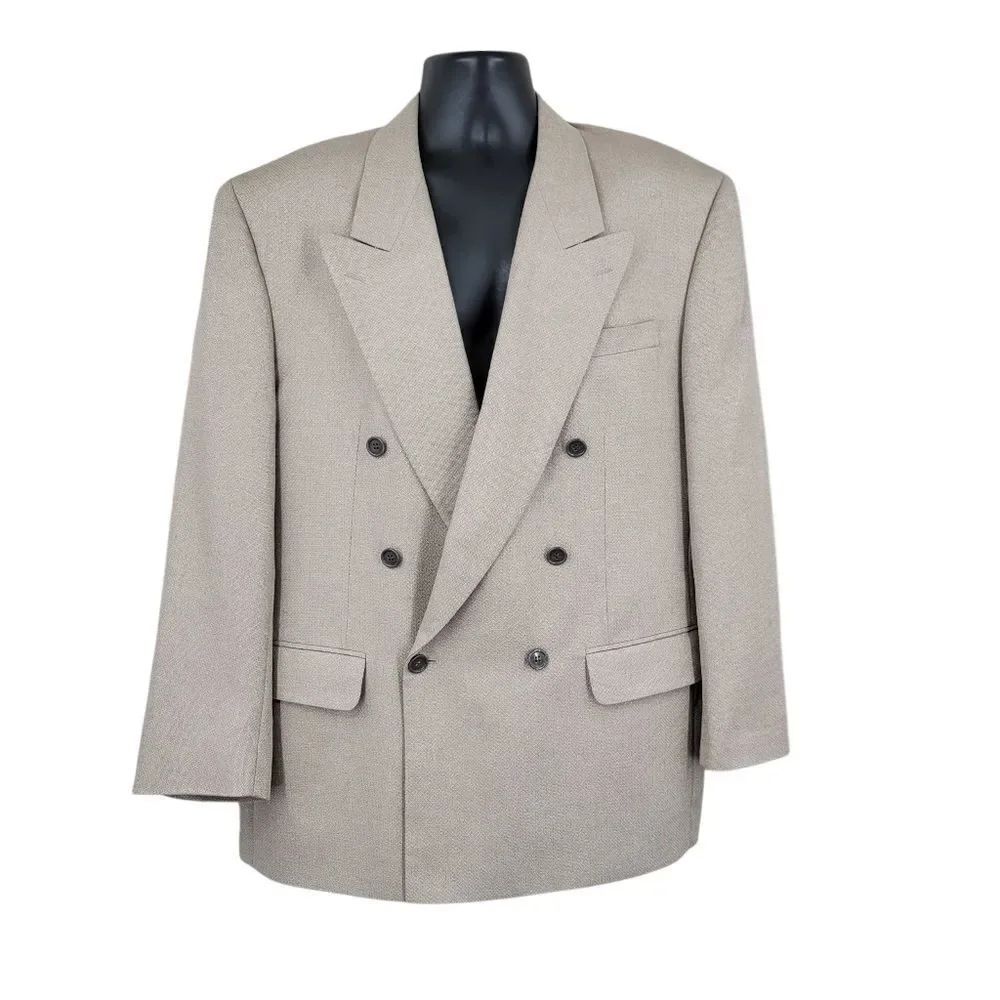 YSL Vintage Silk Wool Men's Double Breasted Blazer Beige